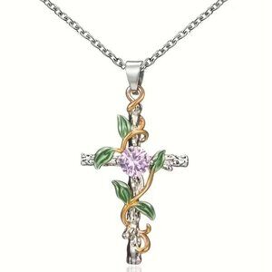 Gold and Silver Tone Leaf Cross Pendant Necklace Pink Crystal Accent NEW